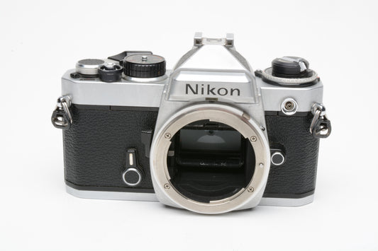 Nikon FE chrome 35mm SLR body, new seals, very clean, nice!
