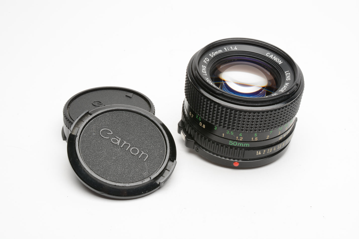 Canon 50mm f1.4 N FD mount lens, Fast, clean and sharp, caps