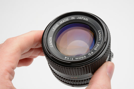 Canon 50mm f1.4 N FD mount lens, Fast, clean and sharp, caps