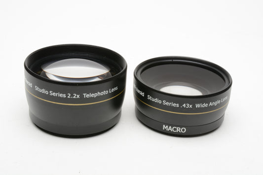Set of 2 Polaroid Studio Series Auxiliary lenses .43X and 2.2X +Adapters, pouches