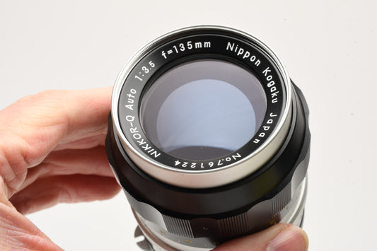 Nikon Nikkor-Q 135mm f3.5 Non-AI portrait lens, Hood, Nikon L38 UV, Nice
