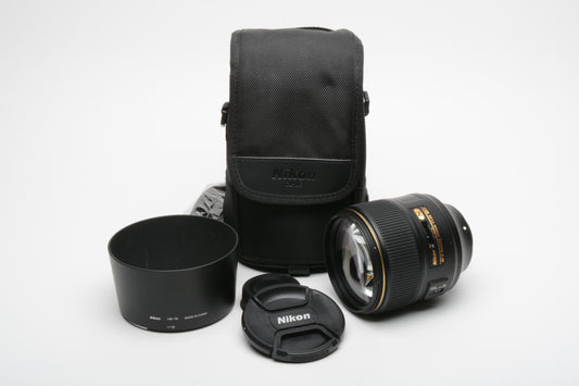 Nikon AF-S Nikkor 105mm f1.4E ED lens, hood, caps, case+strap, Mint, Barely used