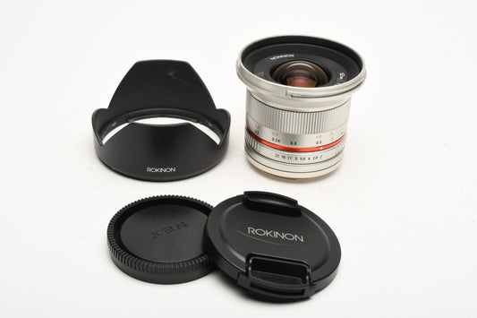 Rokinon 12mm f2 NCS CS Lens for Sony E-Mount Silver, w/Hood