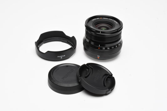 Fujifilm Super EBC XF 16mm f2.8 R WR Aspherical lens, X Mount + Hood, Mint-