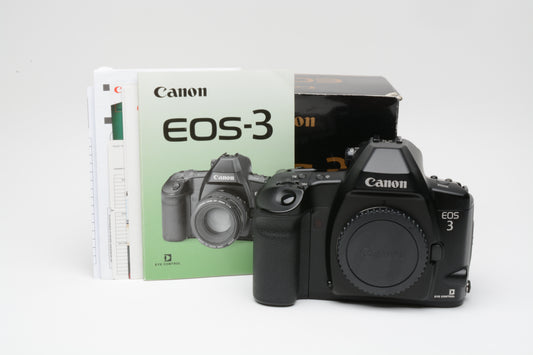 Canon EOS 3 35mm SLR body, cap, manual, very clean, fully tested, boxed