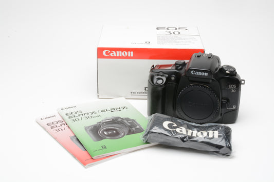 Canon Elan 7E eos 30 35mm SLR body, cap, strap, very clean, fully tested, boxed