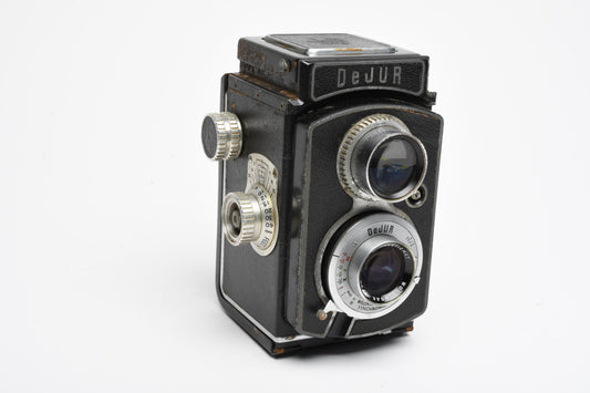 Dejur TLR 120 camera w/85mm f3.5 lens, case+strap, works! tested