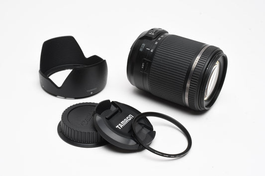 Tamron AF 18-200mm F3.5-6.3 compact zoom lens, hood+UV Canon B018 Mint-