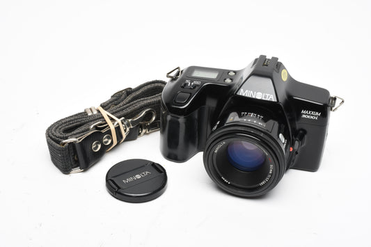 Minolta Maxxum 3000i 35mm SLR w/AF 50mm f1.7 prime lens, Strap, tested, Nice