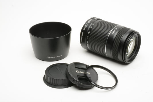 Canon EF-S 55-250mm f4-5.6 IS Zoom lens, caps, hood, UV, Nice
