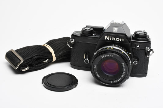 Nikon EM 35mm SLR w/Nikon Series E 50mm f1.8 Lens, Strap, New seals, Great!
