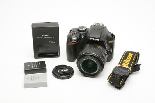 Nikon D3300 DSLR w/18-55mm zoom 2Batts, charger, strap, Only 6698 Acts!!