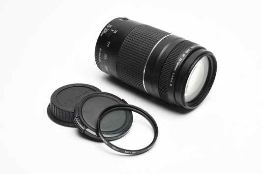 Canon EF 75-300mm f4-5.6 III Telephoto zoom, caps + UV filter