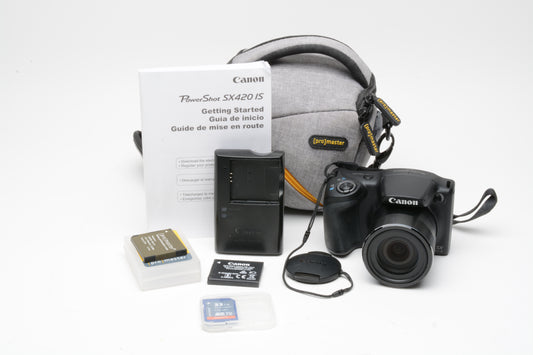 Canon SX420 IS Digital Point&Shoot camera, case, 2batts, charger, SD card, Mint-