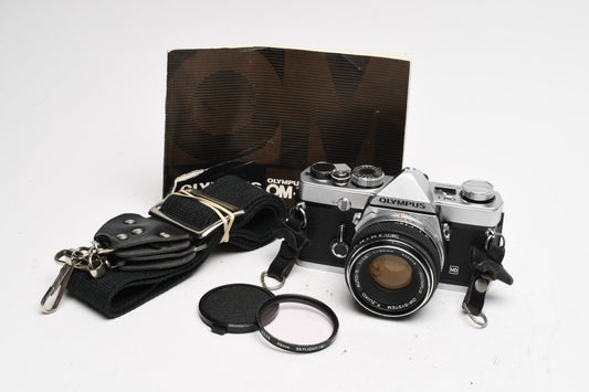 Olympus OM-1 chrome 35mm SLR w/Olympus Zuiko 50mm f/1.8 Lens