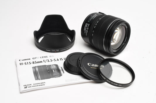 Canon EFS 15-85mm f3.5-5.6 IS USM zoom lens, w/Canon UV, Hood, Mint-