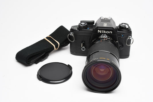 Nikon EM 35mm SLR w/Kiron 28-85mm zoom, Strap, New Seals, Great!