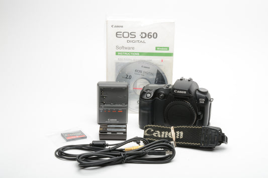 Canon EOS D60 DSLR Body, batt+charger+strap, tested, clean, +CF card