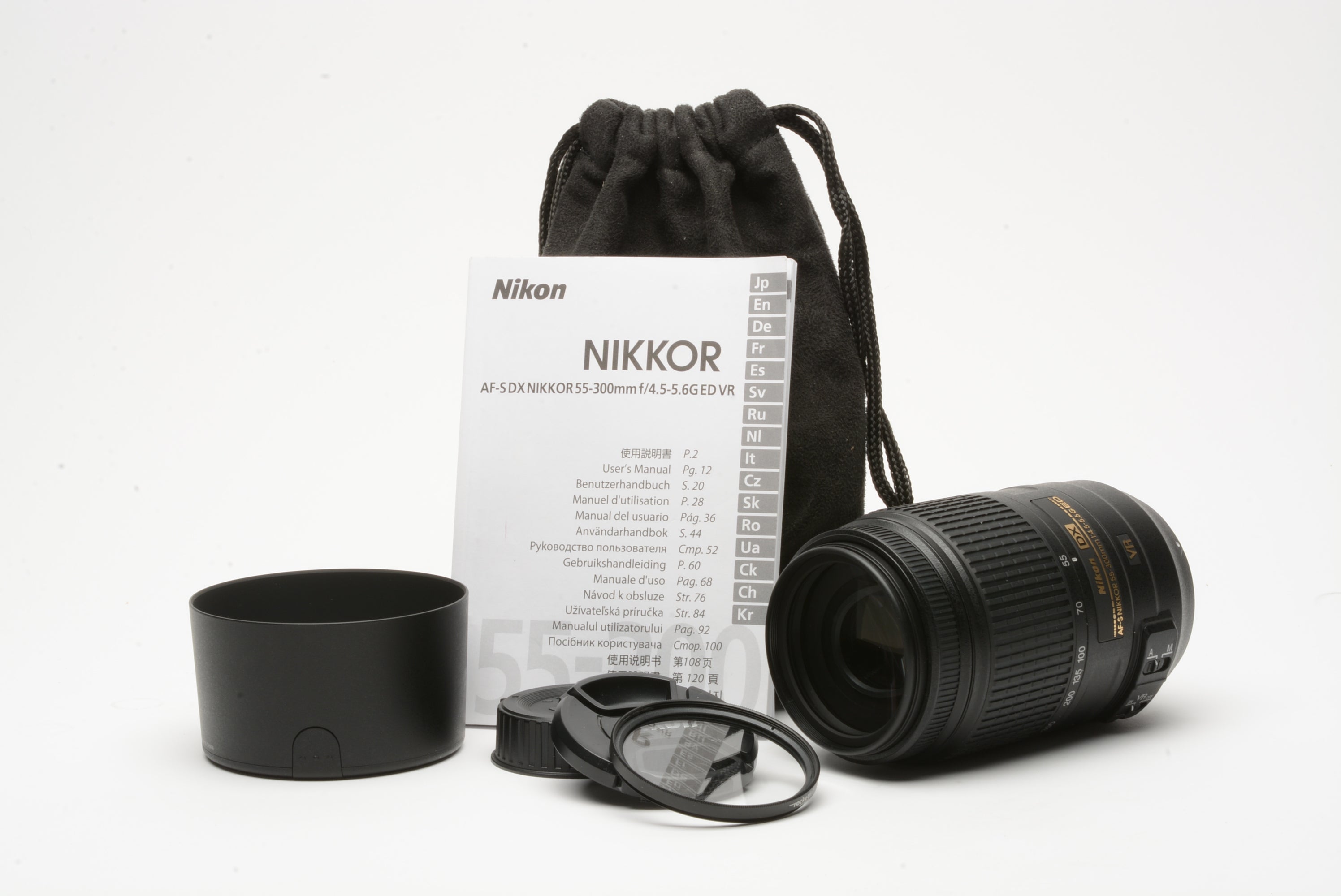 Nikon AF-S Nikkor 55-300mm f4.5-5.6G ED lens, hood, caps, UV