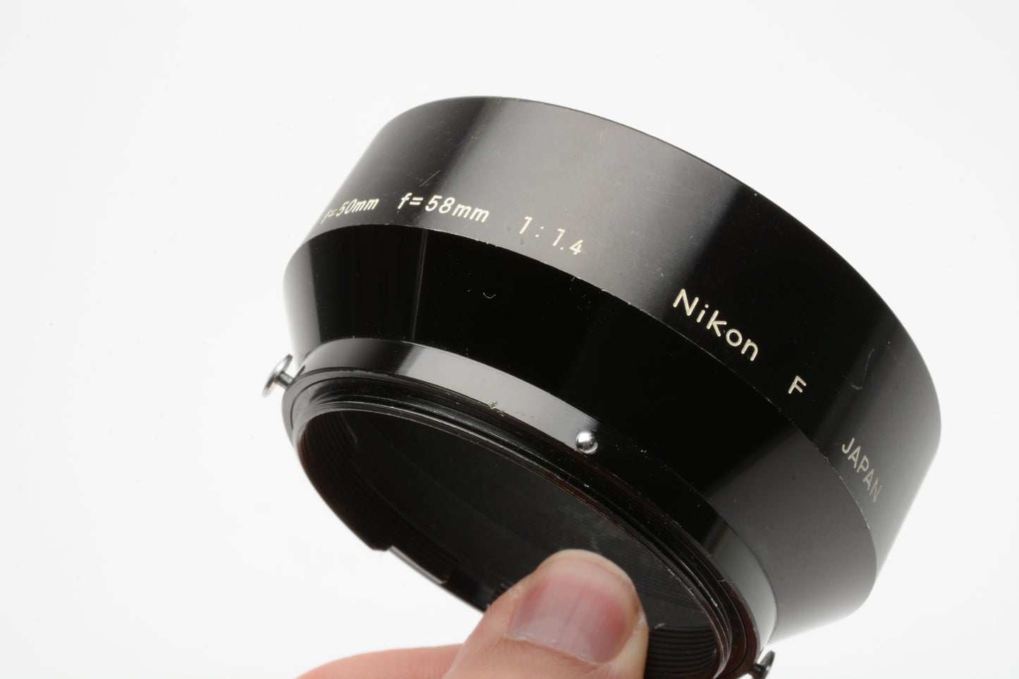 Nikon 50mm 58mm F1.4 metal lens hood, snap-on mount, 52mm, clean