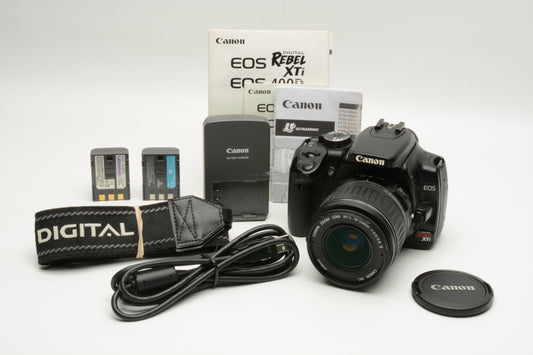 Canon Rebel XTi Black DSLR w/18-55mm f3.5-5.6 II, 2X batts, charger, manual
