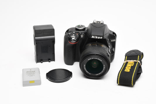 Nikon D3300 DSLR w/18-55mm zoom Batt, charger, strap, Only 3396 Acts