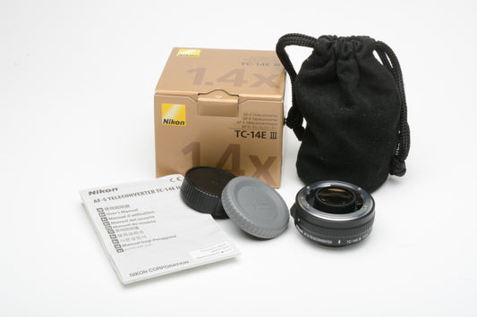 Nikon AF-S TC-14E III teleconverter, caps, pouch, manual, boxed, Mint-
