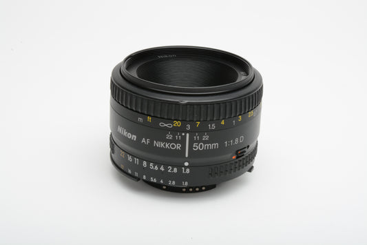Nikon AF Nikkor 50mm f1.8D prime lens, very clean, w/caps+UV, Boxed