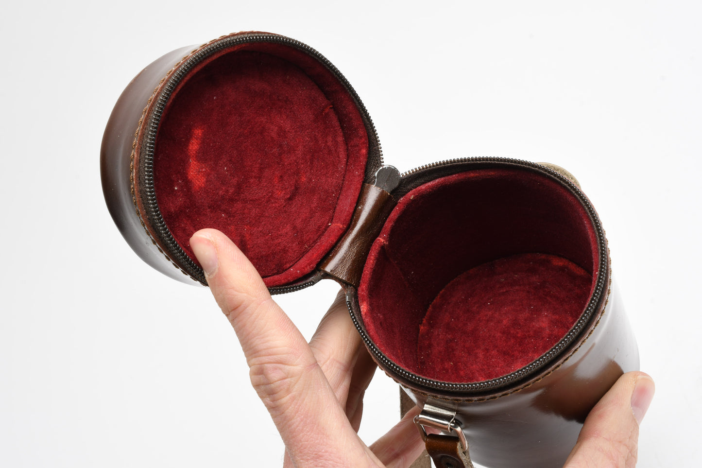 E. Leitz 5" x 3" brown leather lens case, clean
