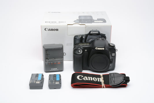 Canon EOS 30D DSLR Body, 2batts+charger+strap, tested, Box