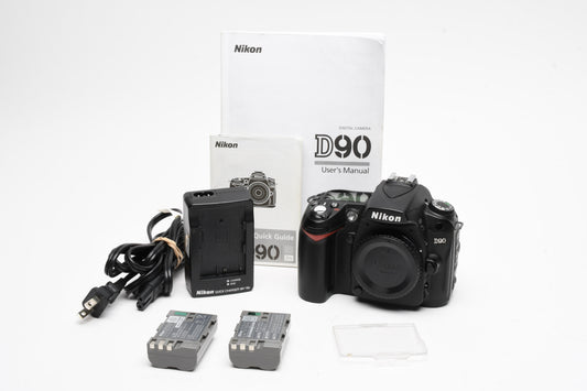 Nikon D90 DSLR body, 2batts, charger, Only 15K Acts, clean,+Manual