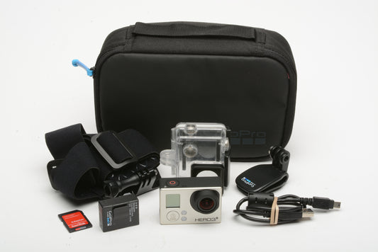 GoPro Hero 3+ camera w/batt, charging cable, housing, 64GB Micro SD + mounts + case
