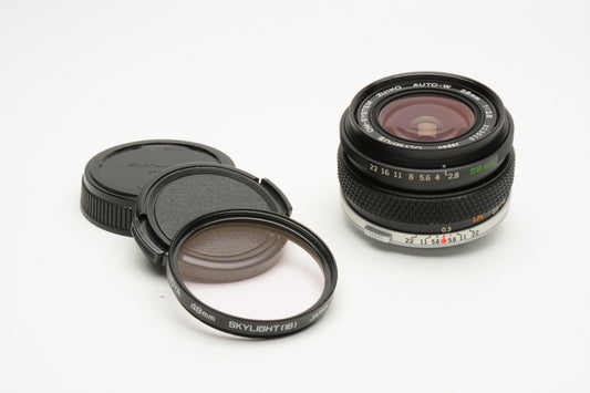 Olympus 28mm f2.8 OM Mount Auto-W wide angle lens, Sky+caps, clean!