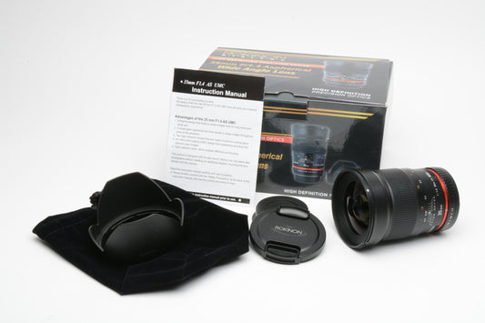 Rokinon 35mm f1.4 AS UMC Lens Canon EF, boxed, hood, caps, pouch, papers