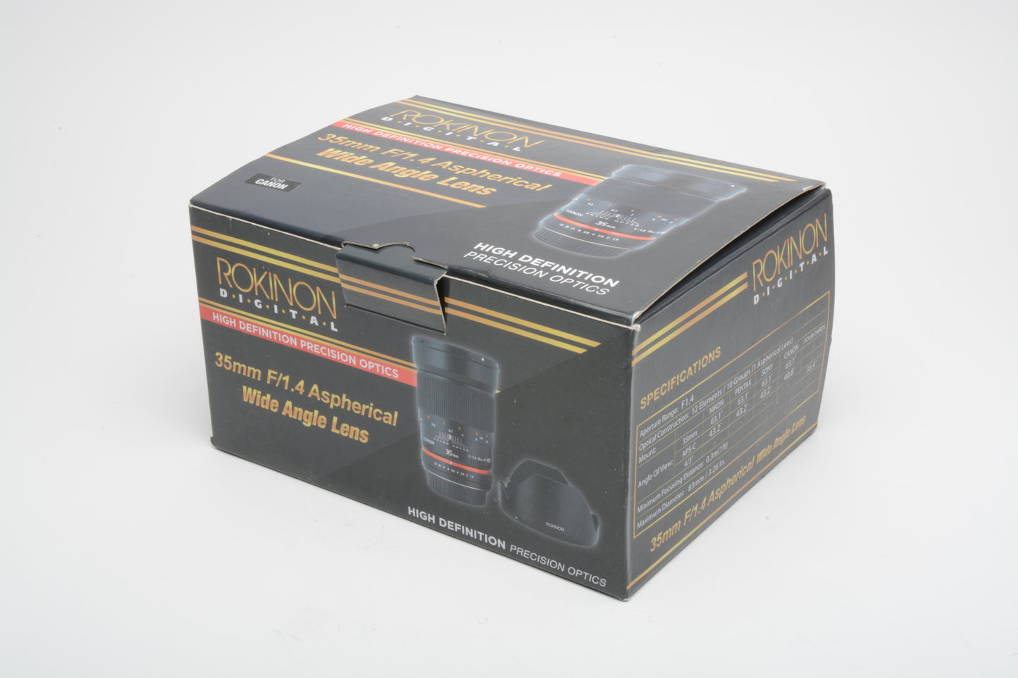 Rokinon 35mm f1.4 AS UMC Lens Canon EF, boxed, hood, caps, pouch, papers