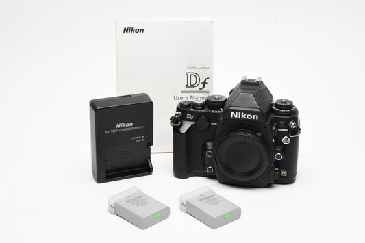 Nikon Df Black DSLR Body w/2X batts, charger, strap, 37K Acts, Great!