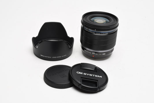 Olympus OM System M.Zuiko Digital ED 20mm F1.4 PRO lens, Hood, Mint-