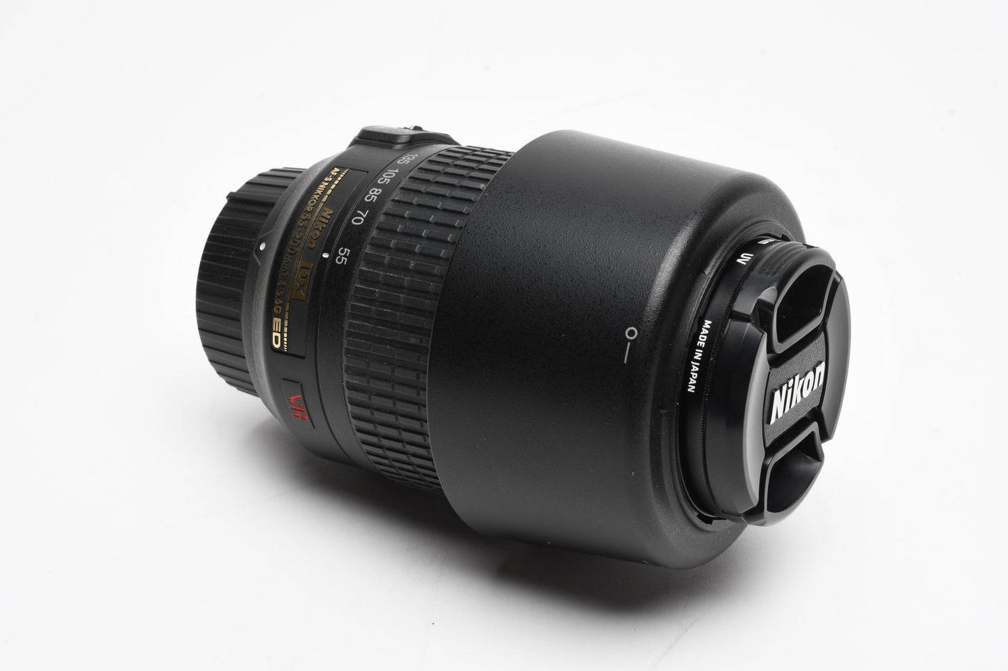 Nikon AFS Nikkor 55-200mm F4-5.6G ED DX VR zoom lens, caps, pouch, hood, UV