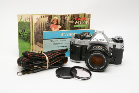 Canon AE-1 Program 35mm SLR Camera w/50mm f1.8, New Seals, Manuals, Accurate