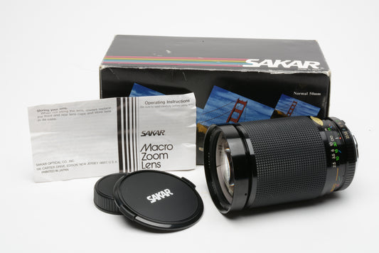 Sakar MF 28-200mm f3.5-5.3 MC Macro zoom lens for Minolta MD Mount, boxed, clean!