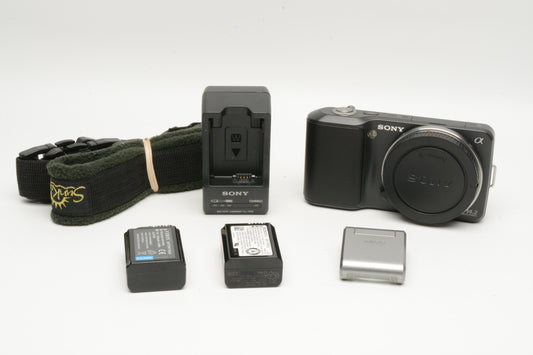 Sony NEX-3 camera body, 2batts, charger, strap +Flash, Only 6750 Acts