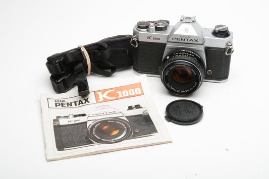 Pentax K1000 35mm SLR w/50mm f2 lens, New seals, strap, Good, Tested
