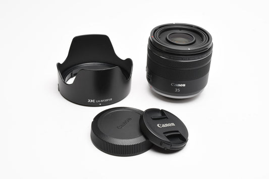 Canon RF 35mm f1.8 Macro IS STM lens, Hood, Mint-