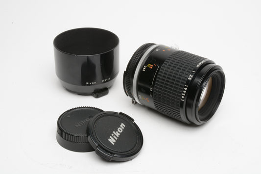 Nikon MF Micro-Nikkor 105mm f2.8 lens w/HS-14 lens hood and caps, sharp!