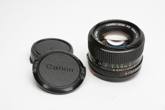 Canon 50mm f1.4 N FD mount lens, clean and sharp, caps