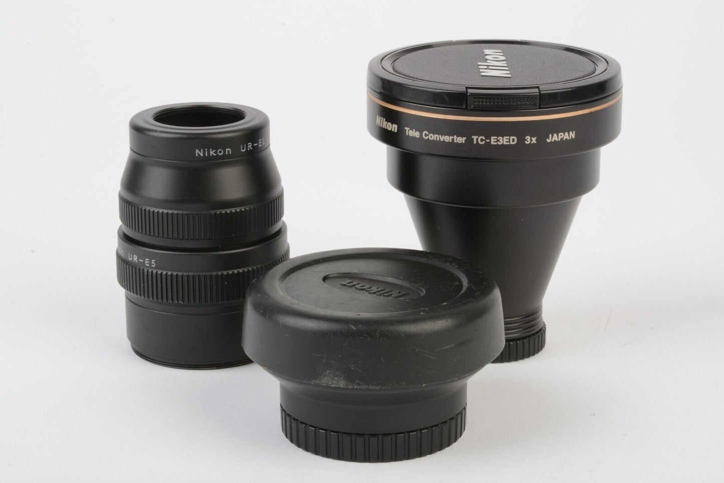 Nikon TC-E3D 3x & WC-E68 .68x Lenses + UR-E5 & UR-E6 Adapters, Caps, Clean