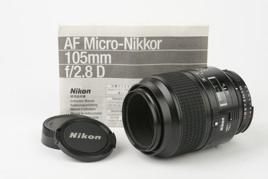 EXC++ NIKON AF MICRO NIKKOR 105mm F2.8d LENS, CAPS, INSTRUCTIONS, SHARP!