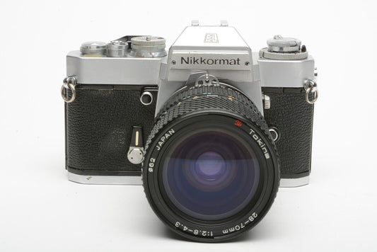 Nikon Nikkormat EL Silver Body w/Tokina 28-70mm Zoom, New Seals, Strap