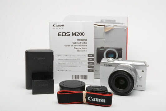 MINT- CANON EOS M200 24.1MP MIRRORLRSS KIT w/EF-M 15-45mm IS STM LENS, BOXED