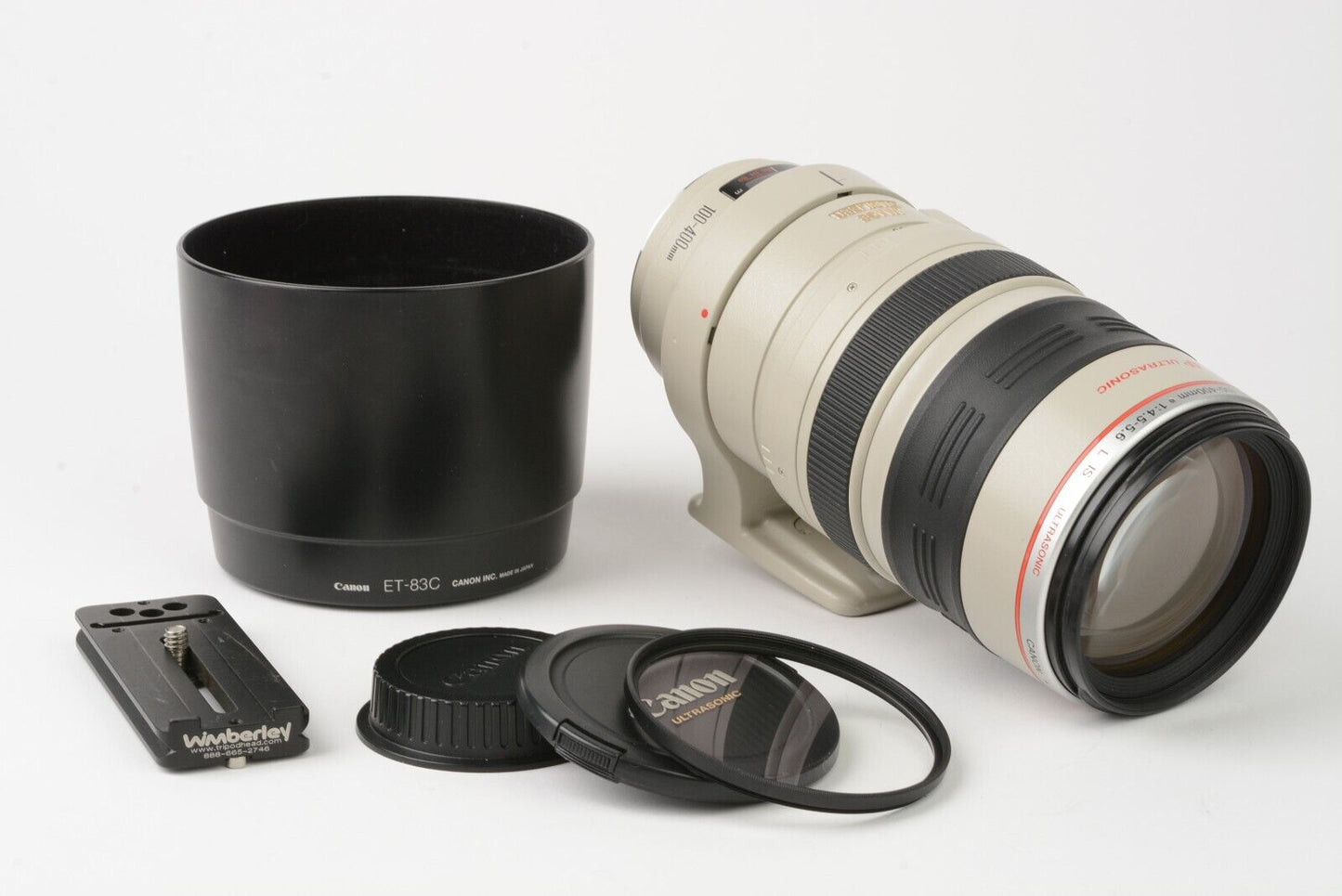 Canon EF 100-400mm f4.5-5.6 L IS USM zoom lens, caps, hood, collar, UV +P20 Plate